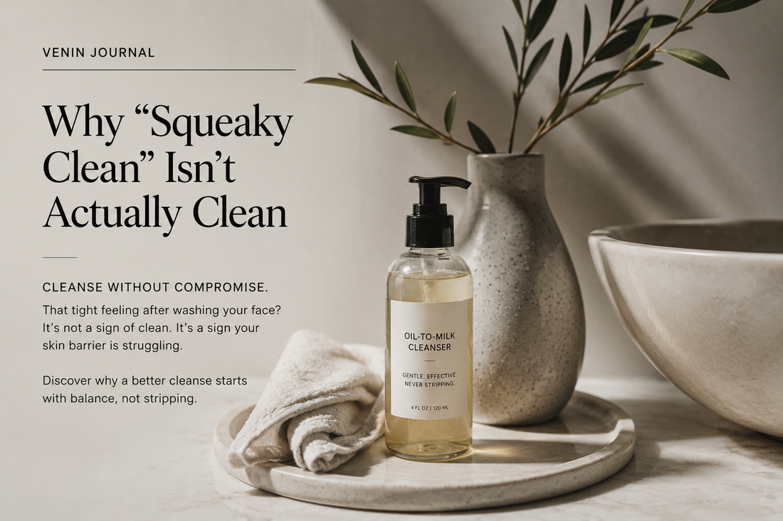 Photo of VENIN product and an explanation of why a squeaky clean skin is not always ideal.