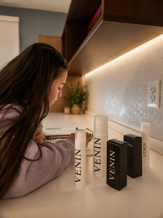 VENIN founder sitting at her desk reading and taking notes while evaluating VENIN products.