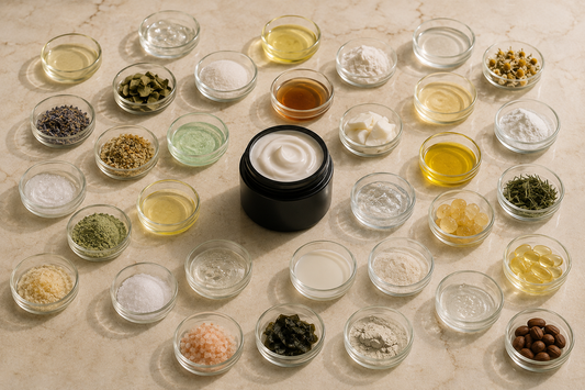 A black jar surrounded by small dishes filled with oils, powders, and other ingredients. 