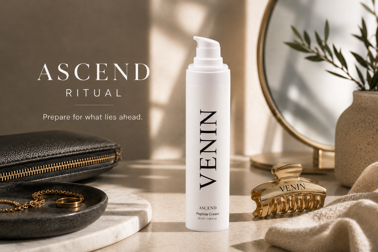 Venin Ascend Cream bottle displayed on a marble tray with gold accessories, a black leather pouch, and a round mirror in a warm, sunlit interior setting.