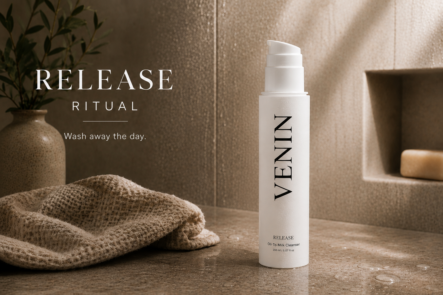VENIN Release Ritual bottle standing on a stone surface next to a textured towel, with warm natural light and a beige tiled background.