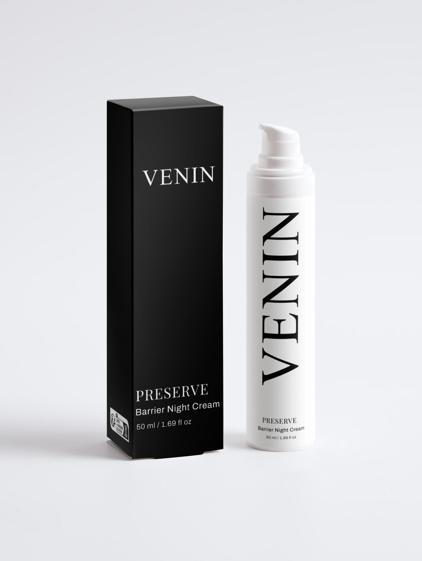 VENIN Preserve Barrier Night Cream shown with its black retail box and a white pump bottle on a light gray background.