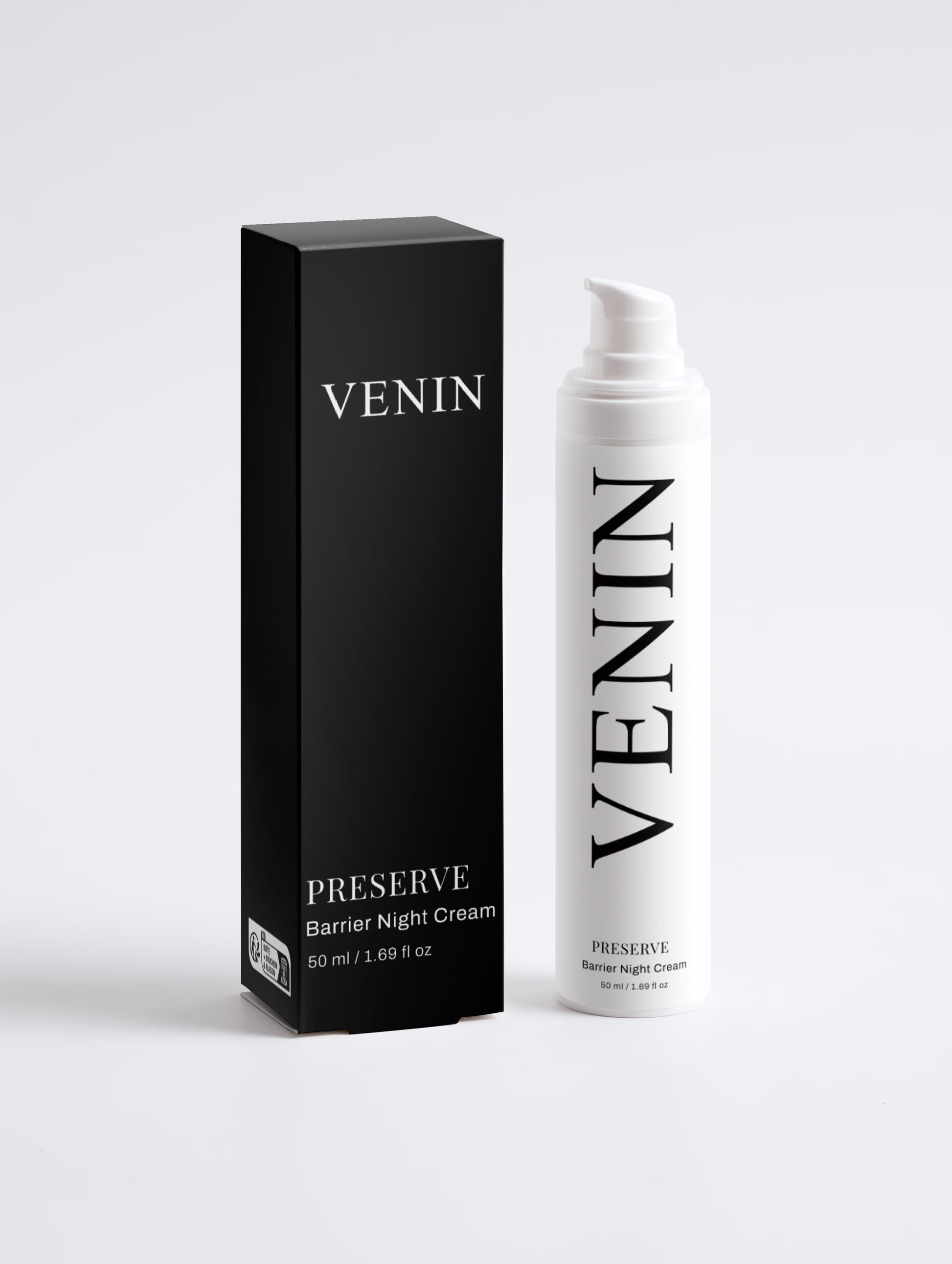 VENIN Preserve Barrier Night Cream shown with its black retail box and a white pump bottle on a light gray background.