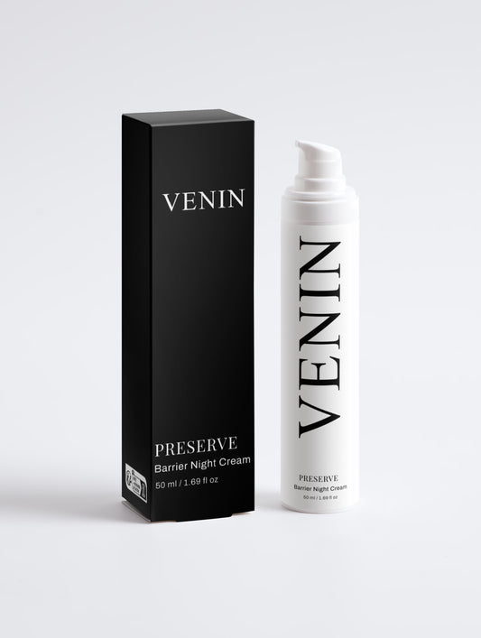 VENIN Preserve Barrier Night Cream shown with its black retail box and a white pump bottle on a light gray background.