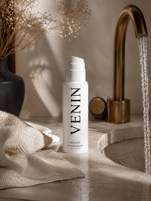 VENIN Release Cleanser bottle on a stone bathroom counter with running water from a brass faucet, a beige towel, and dried flowers in the background.