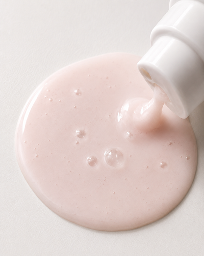 A close-up of a VENIN's Oil-to-Milk cleanser. A pale pink skincare cream being dispensed from a white tube onto a light neutral surface, forming a smooth circular puddle with visible bubbles.