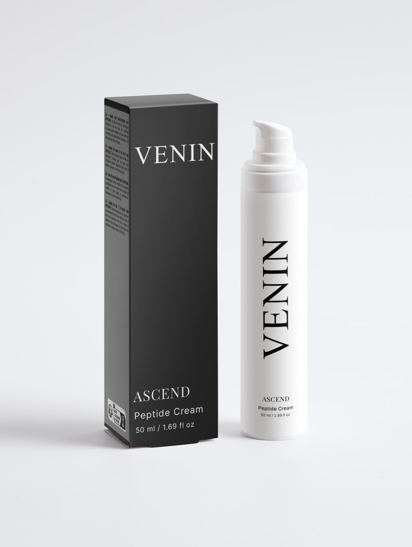 VENIN Ascend Peptide Cream shown with its black retail box and a white pump bottle on a clean light gray background.