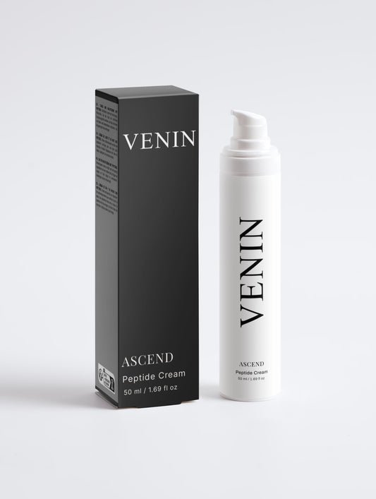 VENIN Ascend Peptide Cream shown with its black retail box and a white pump bottle on a clean light gray background.