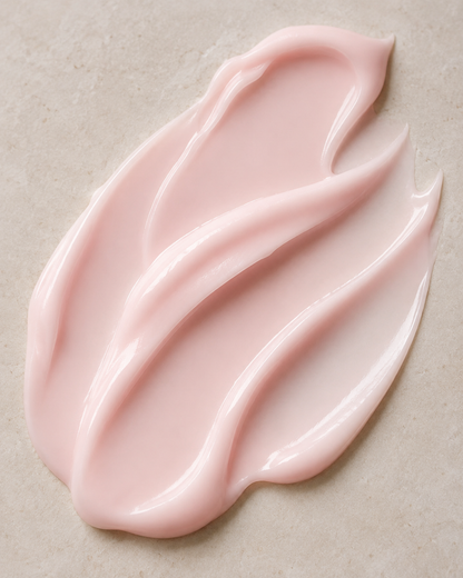 A smooth, glossy smear of pale pink cream on a light beige textured surface.