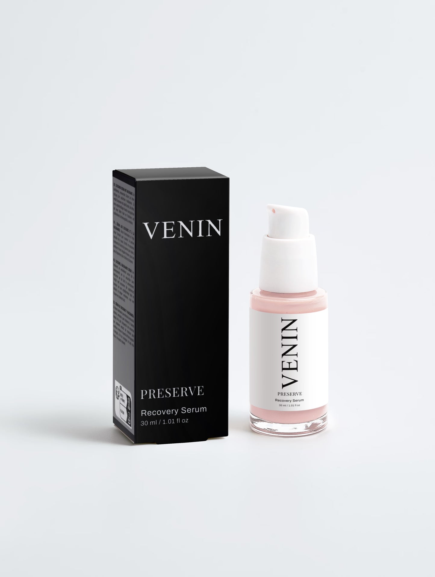 VENIN Preserve Recovery Serum 30ml bottle with a white pump and a black product box, displayed on a clean light gray background.